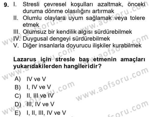 Sağlık Psikolojisi Dersi 2021 - 2022 Yılı (Vize) Ara Sınav Soruları 9. Soru