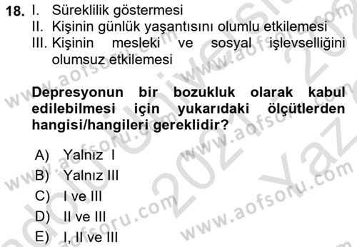 Sağlık Psikolojisi Dersi 2021 - 2022 Yılı Yaz Okulu Sınav Soruları 18. Soru