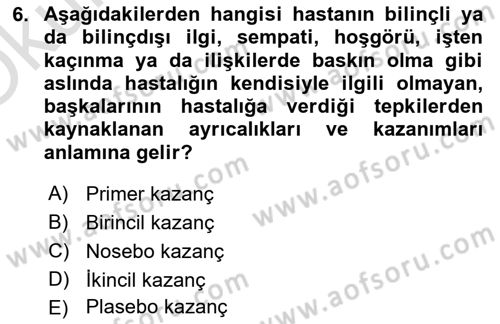 Sağlık Psikolojisi Dersi 2022 - 2023 Yılı Yaz Okulu Sınav Soruları 6. Soru