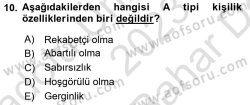 Sağlık Psikolojisi Dersi 2023 - 2024 Yılı (Vize) Ara Sınav Soruları 10. Soru