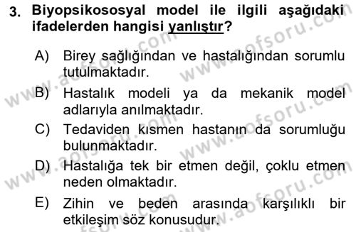 Sağlık Psikolojisi Dersi 2023 - 2024 Yılı (Vize) Ara Sınav Soruları 3. Soru