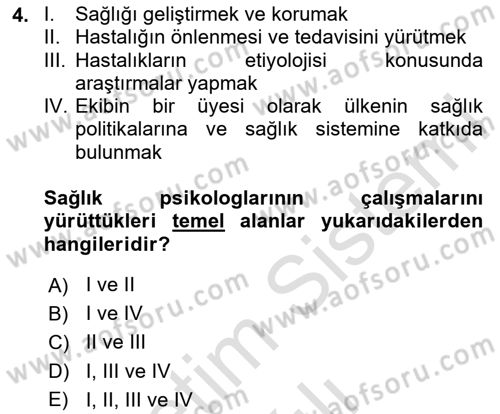 Sağlık Psikolojisi Dersi 2023 - 2024 Yılı (Vize) Ara Sınav Soruları 4. Soru