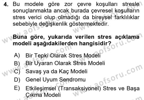 Sağlık Psikolojisi Dersi 2023 - 2024 Yılı Yaz Okulu Sınav Soruları 4. Soru