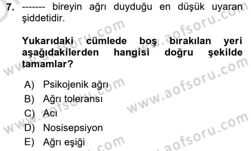 Sağlık Psikolojisi Dersi 2023 - 2024 Yılı Yaz Okulu Sınav Soruları 7. Soru
