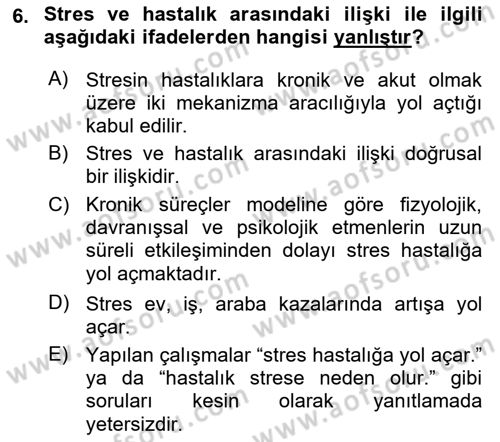 Sağlık Psikolojisi Dersi 2024 - 2025 Yılı (Vize) Ara Sınav Soruları 6. Soru