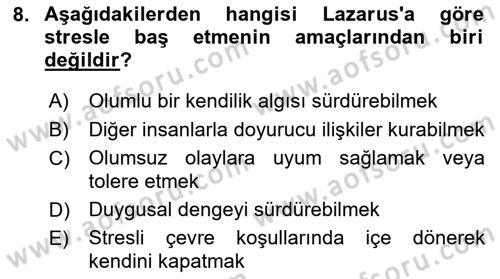 Sağlık Psikolojisi Dersi 2024 - 2025 Yılı (Vize) Ara Sınav Soruları 8. Soru