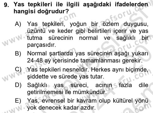 Sağlık Psikolojisi Dersi 2024 - 2025 Yılı (Final) Dönem Sonu Sınav Soruları 9. Soru