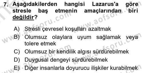 Sağlık Psikolojisi Dersi 2025 - 2026 Yılı (Vize) Ara Sınav Soruları 7. Soru