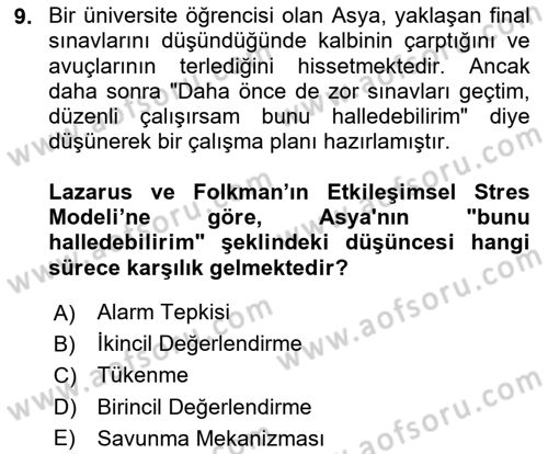 Sağlık Psikolojisi Dersi 2025 - 2026 Yılı (Vize) Ara Sınav Soruları 9. Soru