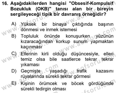 Sağlık Psikolojisi Dersi 2025 - 2026 Yılı (Final) Dönem Sonu Sınav Soruları 16. Soru