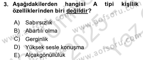 Sağlık Psikolojisi Dersi 2025 - 2026 Yılı Yaz Okulu Sınav Soruları 3. Soru