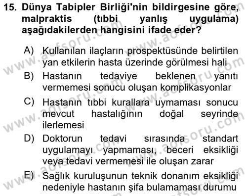 Sağlık İşletmeciliği 2 Dersi 2025 - 2026 Yılı (Vize) Ara Sınav Soruları 15. Soru