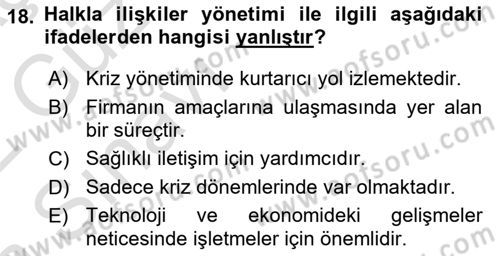 Sağlık İşletmelerinde Halkla İlişkiler Dersi 2021 - 2022 Yılı (Vize) Ara Sınav Soruları 18. Soru