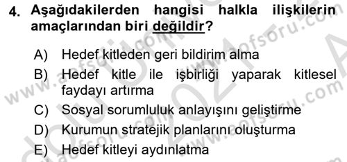 Sağlık İşletmelerinde Halkla İlişkiler Dersi 2021 - 2022 Yılı (Vize) Ara Sınav Soruları 4. Soru
