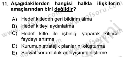 Sağlık İşletmelerinde Halkla İlişkiler Dersi 2021 - 2022 Yılı Yaz Okulu Sınav Soruları 11. Soru