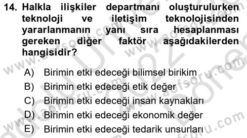 Sağlık İşletmelerinde Halkla İlişkiler Dersi 2022 - 2023 Yılı (Final) Dönem Sonu Sınavı 14. Soru