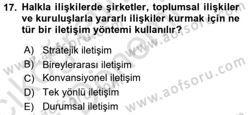 Sağlık İşletmelerinde Halkla İlişkiler Dersi Ara Sınavı Deneme Sınav Soruları 17. Soru