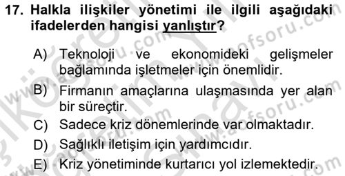 Sağlık İşletmelerinde Halkla İlişkiler Dersi 2025 - 2026 Yılı (Vize) Ara Sınav Soruları 17. Soru