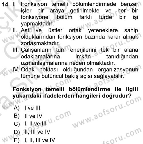 Sağlık İşletmelerinde Yönetim Dersi 2021 - 2022 Yılı (Vize) Ara Sınav Soruları 14. Soru