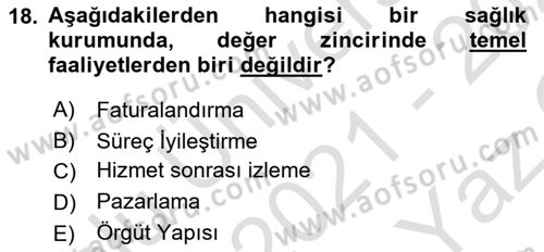Sağlık İşletmelerinde Yönetim Dersi 2021 - 2022 Yılı Yaz Okulu Sınav Soruları 18. Soru