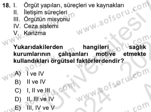 Sağlık İşletmelerinde Yönetim Dersi Ara Sınavı Deneme Sınav Soruları 18. Soru