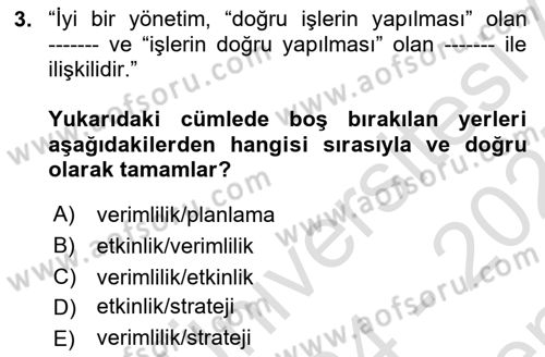 Sağlık İşletmelerinde Yönetim Dersi 2024 - 2025 Yılı (Final) Dönem Sonu Sınav Soruları 3. Soru