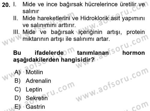 İnsan Beden Yapısı Ve Fizyolojisi Dersi 2018 - 2019 Yılı 3 Ders Sınav Soruları 20. Soru