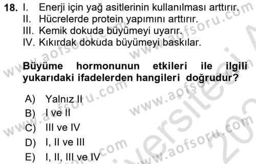 İnsan Beden Yapısı Ve Fizyolojisi Dersi 2020 - 2021 Yılı Yaz Okulu Sınav Soruları 18. Soru