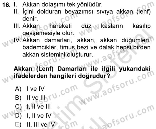 İnsan Beden Yapısı Ve Fizyolojisi Dersi 2021 - 2022 Yılı (Vize) Ara Sınav Soruları 16. Soru