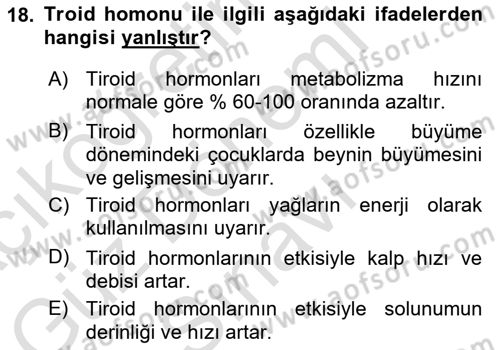 İnsan Beden Yapısı Ve Fizyolojisi Dersi 2024 - 2025 Yılı (Final) Dönem Sonu Sınav Soruları 18. Soru