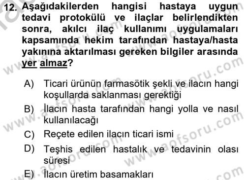 Temel İlaç Bilgisi Ve Akılcı İlaç Kullanımı Dersi 2016 - 2017 Yılı 3 Ders Sınav Soruları 12. Soru