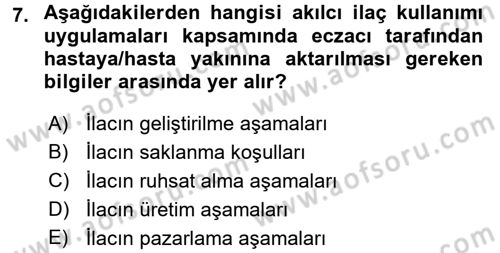 Temel İlaç Bilgisi Ve Akılcı İlaç Kullanımı Dersi 2017 - 2018 Yılı 3 Ders Sınav Soruları 7. Soru