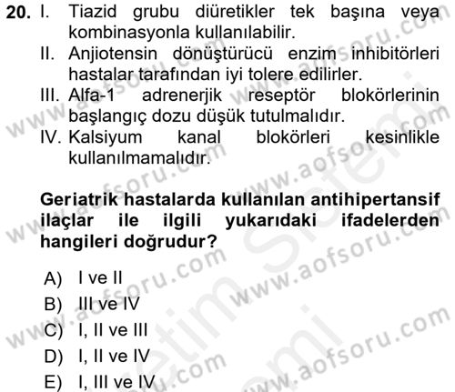 Temel İlaç Bilgisi Ve Akılcı İlaç Kullanımı Dersi 2017 - 2018 Yılı (Final) Dönem Sonu Sınav Soruları 20. Soru