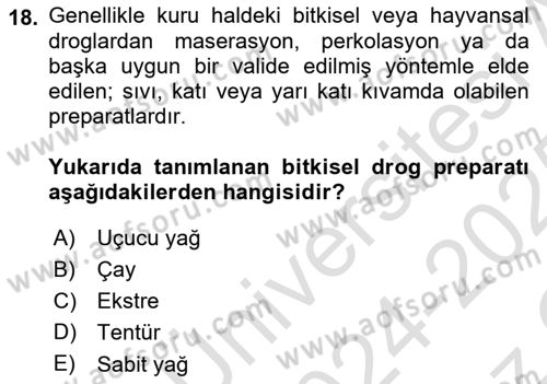 Temel İlaç Bilgisi Ve Akılcı İlaç Kullanımı Dersi 2024 - 2025 Yılı Yaz Okulu Sınav Soruları 18. Soru