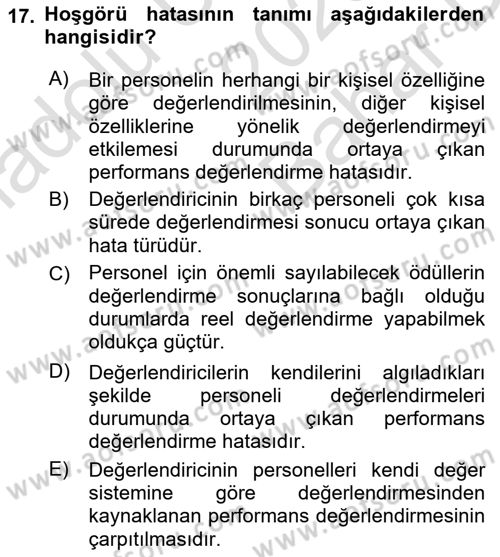 Sağlık İşletmelerinde İnsan Kaynakları Yönetimi Dersi 2023 - 2024 Yılı (Vize) Ara Sınav Soruları 17. Soru