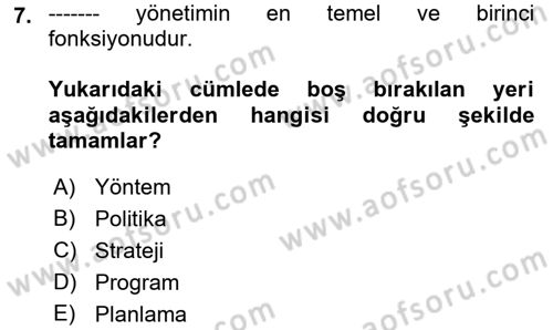 Sağlık Politikaları Dersi 2021 - 2022 Yılı (Vize) Ara Sınavı 7. Soru