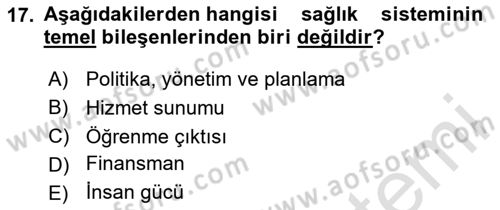 Sağlık Politikaları Dersi 2024 - 2025 Yılı (Vize) Ara Sınav Soruları 17. Soru