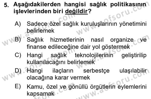 Sağlık Politikaları Dersi 2024 - 2025 Yılı Yaz Okulu Sınav Soruları 5. Soru