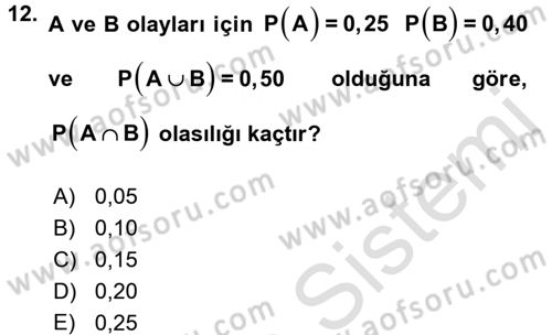 Sağlık Alanında İstatistik Dersi Ara Sınavı Deneme Sınav Soruları 12. Soru