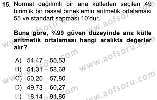Sağlık Alanında İstatistik Dersi Ara Sınavı Deneme Sınav Soruları 15. Soru