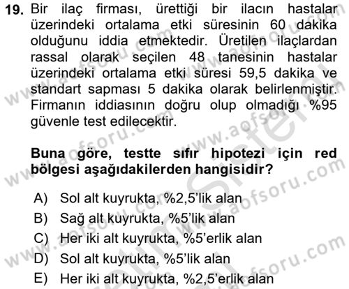 Sağlık Alanında İstatistik Dersi Ara Sınavı Deneme Sınav Soruları 19. Soru