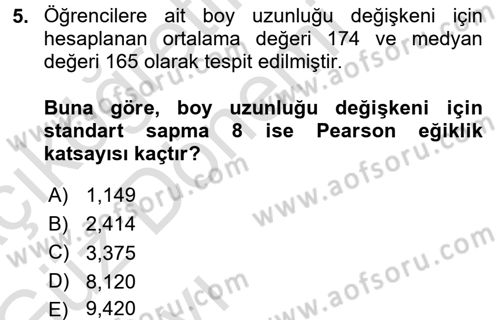 Sağlık Alanında İstatistik Dersi 2017 - 2018 Yılı (Vize) Ara Sınav Soruları 5. Soru