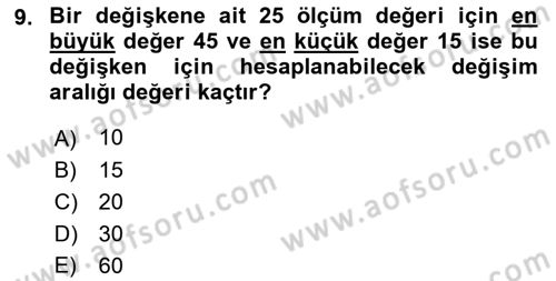Sağlık Alanında İstatistik Dersi Ara Sınavı Deneme Sınav Soruları 9. Soru