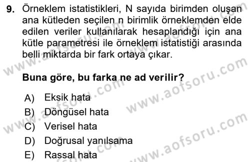 Sağlık Alanında İstatistik Dersi 2018 - 2019 Yılı Yaz Okulu Sınav Soruları 9. Soru
