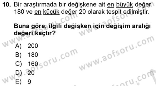 Sağlık Alanında İstatistik Dersi Ara Sınavı Deneme Sınav Soruları 10. Soru
