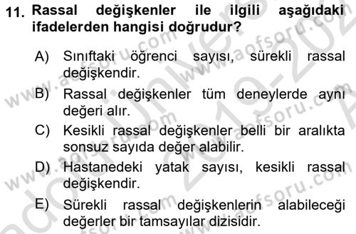 Sağlık Alanında İstatistik Dersi 2019 - 2020 Yılı (Vize) Ara Sınav Soruları 11. Soru
