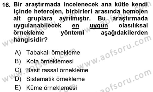 Sağlık Alanında İstatistik Dersi Ara Sınavı Deneme Sınav Soruları 16. Soru
