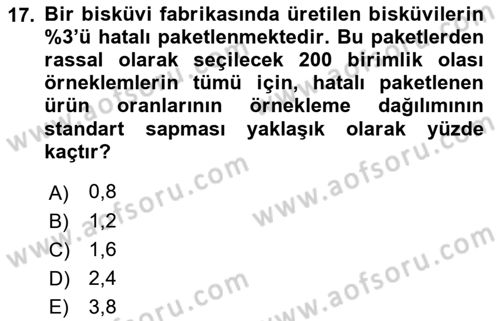 Sağlık Alanında İstatistik Dersi Ara Sınavı Deneme Sınav Soruları 17. Soru