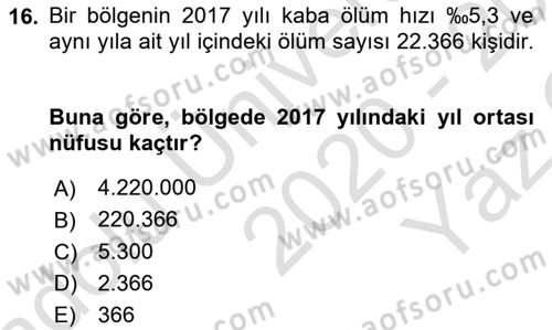Sağlık Alanında İstatistik Dersi 2020 - 2021 Yılı Yaz Okulu Sınav Soruları 16. Soru