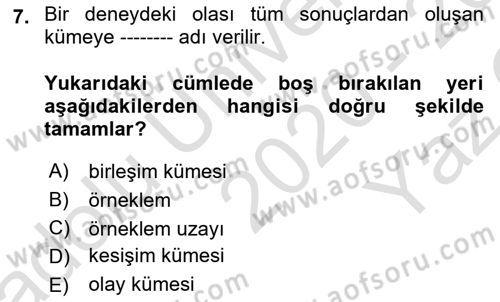 Sağlık Alanında İstatistik Dersi 2020 - 2021 Yılı Yaz Okulu Sınav Soruları 7. Soru
